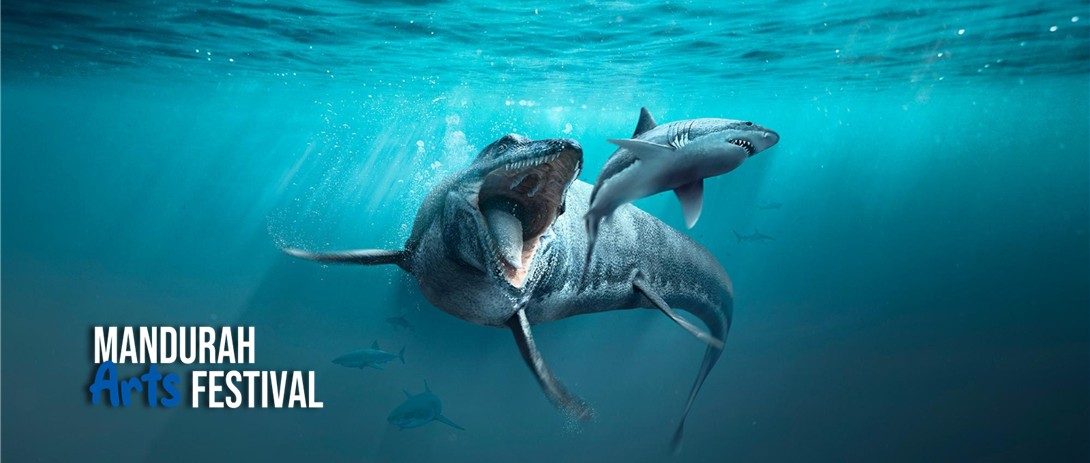 A giant shark-like dinosaur maneuvers through a blue ocean scene, jaws open, about to eat a shark